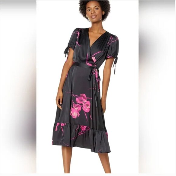 Betsey Johnson Faux Wrap Dress Black Pink Floral Size 4 - Picture 13 of 13